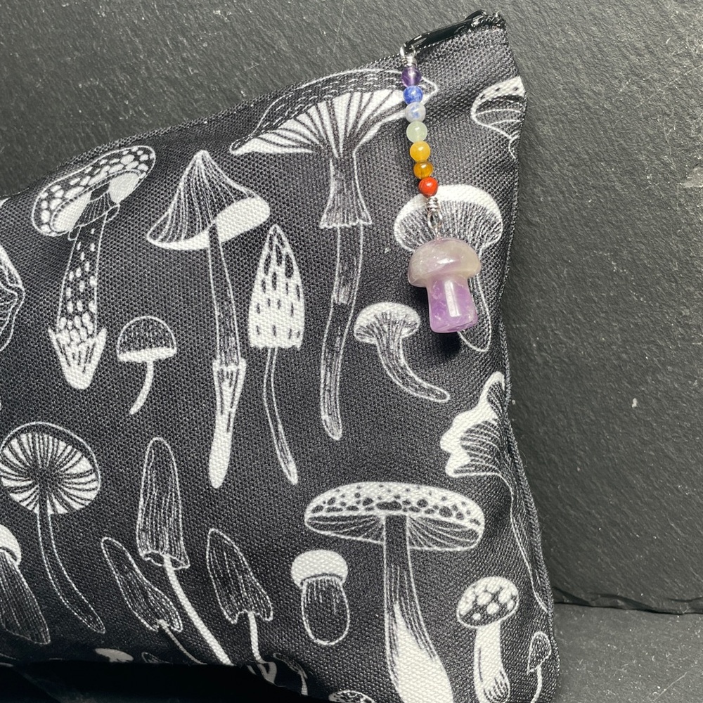 Artisan Mushroom Print Zip Pouch Makeup Bag with Amethyst Mushroom Charm